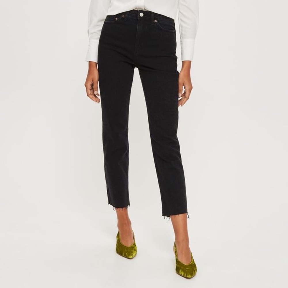 TOPSHOP Moto High Waist Raw Hem Straight Leg Jeans | Washed Black | Size W28/L30